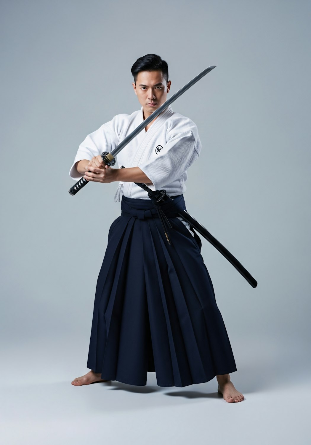 Praticanti che eseguono un kata tradizionale di jujitsu con il maestro
